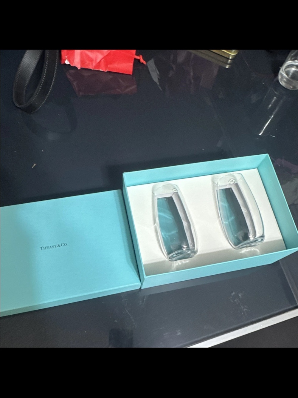 Tiffany & Co. Aqua Blue Glass Salt and Pepper Shakers Set